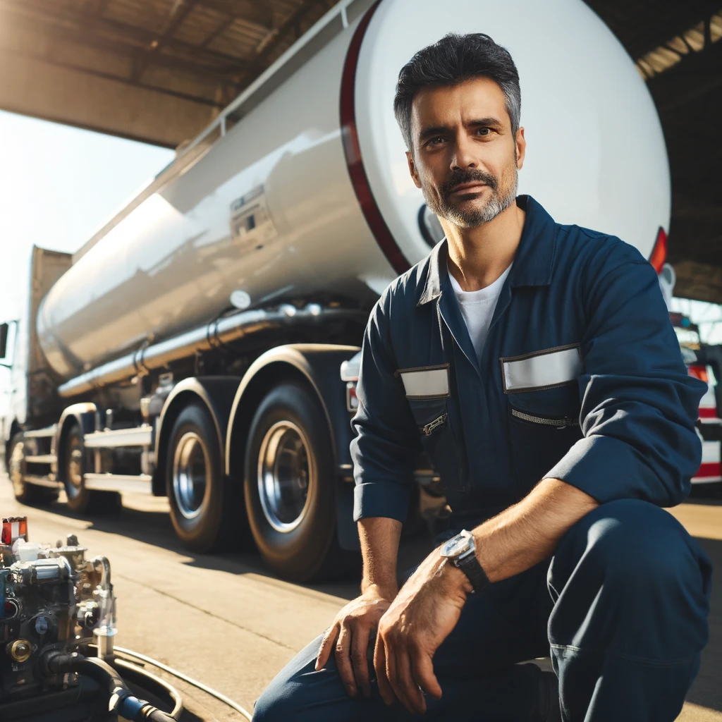 Mechanic standing in front of fluid tanker truck